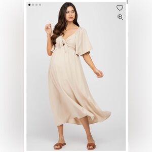 Beige Textured Dot Front Tie Ruffle Sleeve Maternity Midi Dress